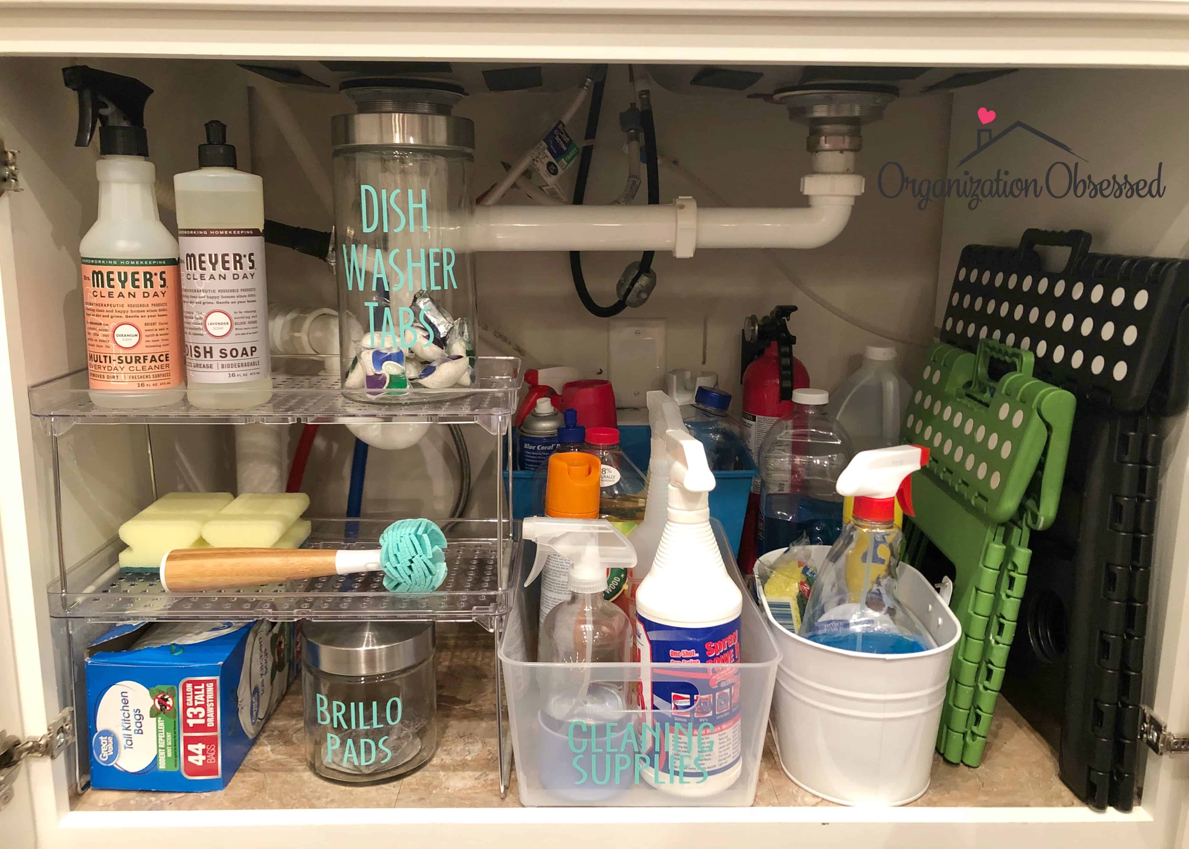 How To Organize Under The Kitchen Sink - Organization Obsessed