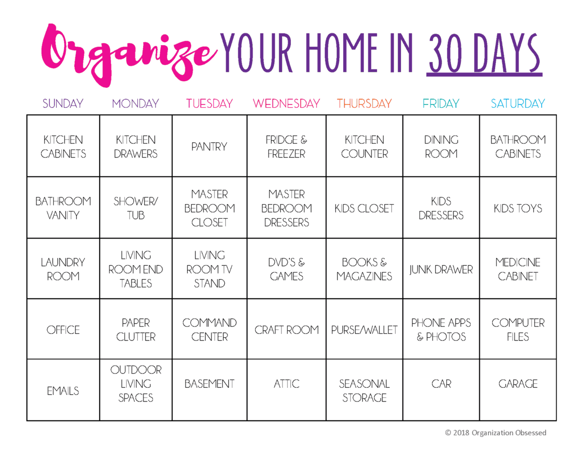 Organize In 30 Days Calendar Page 1 Organization Obsessed