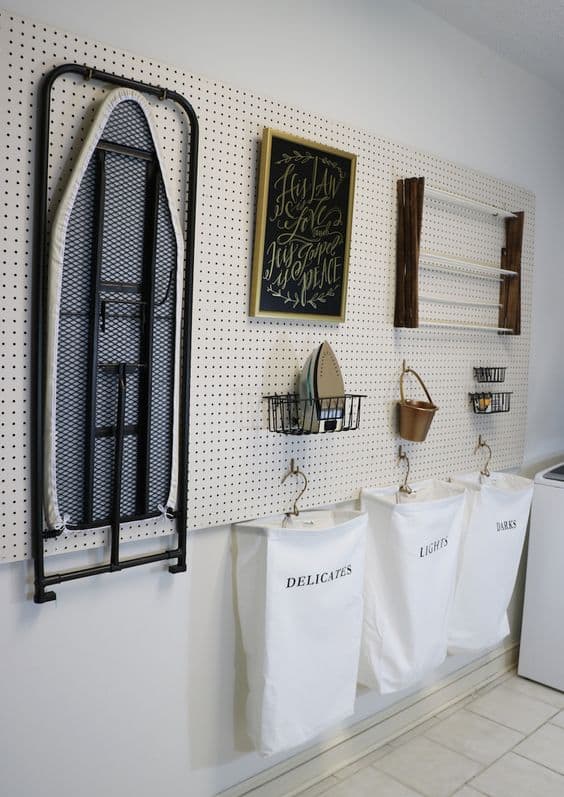 laundry room pegboard storage wall